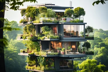 Foto op Canvas A modern multi storey house seamlessly integrated with lush plants and trees © Алла Морозова