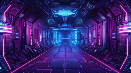 illustration of abstract background of futuristic corridor with purple and blue neon lights. technology hitech modern background. banner, poster, cover design	