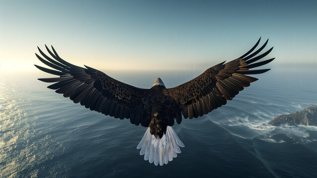 Third person view of bald eagle flying over an ocean.