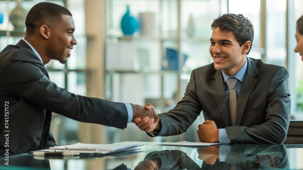 Sticker Two professionals in suits are shaking hands in a bright office environment, signaling a meeting or agreement with smiles and a confident demeanor.