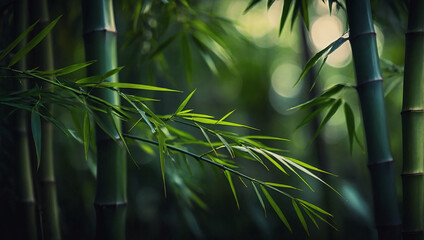 Fototapeta na wymiar Bamboo leaves with soft detailed texture Natural abstract delicate shapes and fluid lines Highlighted leaf edges against blurred background