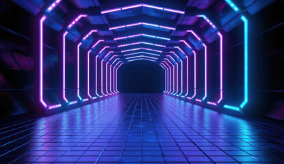 Neon-Lit Tunnel With Tiled Floors