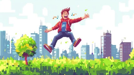 A pixel art depiction of a cheerful male character jumping - obrazy, fototapety, plakaty