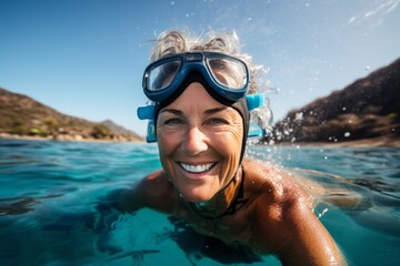 Portrait of happy senior woman in snorkeling mask swimming in the sea - obrazy, fototapety, plakaty