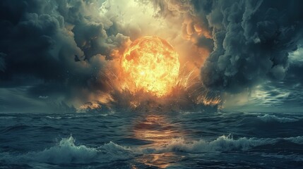 Radiant Chaos: Capturing the Eerie Beauty and Destructive Power of an Atomic Blast in the Open Waters. - obrazy, fototapety, plakaty