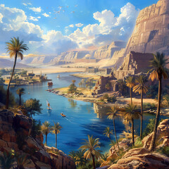 ancient egypt nile river landscape - obrazy, fototapety, plakaty
