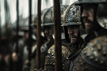 Medieval soldiers in armor holding spears in a row