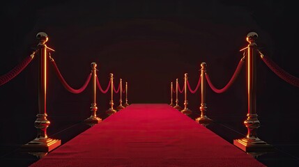 Red carpet and golden barrier isolated on black background. Luxury entrance. VIP entrance. Event
