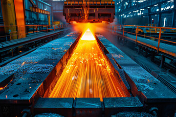 Hot steel on conveyor in steel plant with sparks - obrazy, fototapety, plakaty