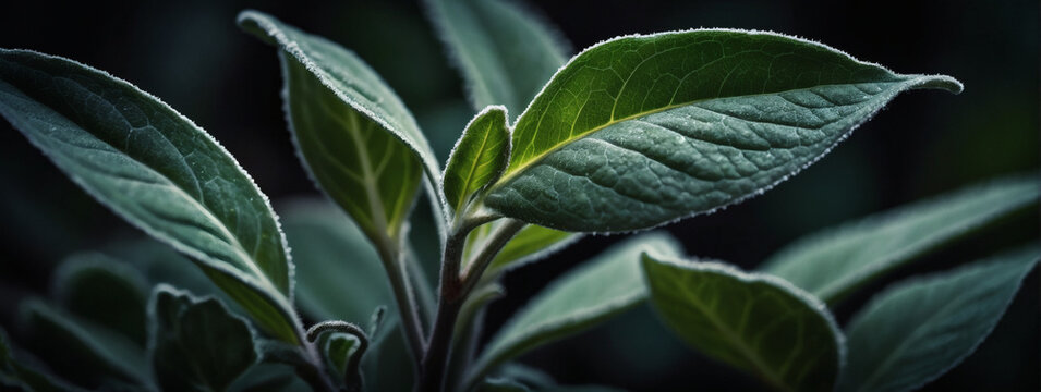 Sage leaves with soft detailed texture Natural abstract delicate shapes and fluid lines Accentuated leaf edges against blurred background Dark moody feel with colored bold green tones