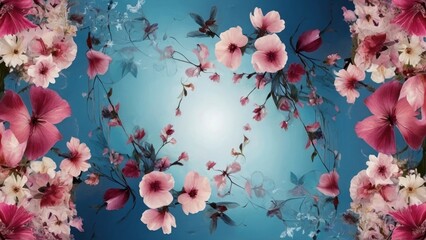 Turquoise wallpaper with pink flowers