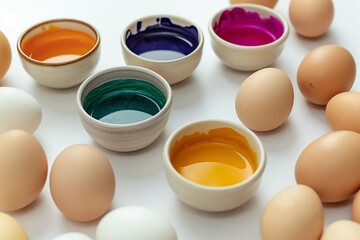 A set of ceramic bowls with vibrant, natural dyes for egg coloring, surrounded by uncolored eggs on a bright white background.