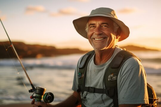 Senior man fishing on a lake at sunset. He is wearing a hat and smiling.