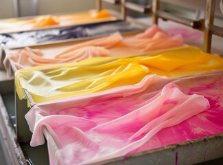 Bright fabrics with gradient colors are dyed in a textile factory. Bright pink and yellow colors.