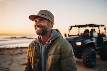 Handsome mature man wearing a cap standing in front of a tractor on the beach at sunset