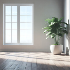 A plant in a white pot left sits on a wooden floor in front of a white wall window shadow