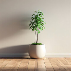 A plant in a white pot left sits on a wooden floor in front of a white wall window shadow