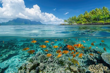 Fototapeta na wymiar Fish on a coral reef in a tropical lagoon. French Polynesia