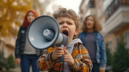 boy screaming into a bullhorn, emotionally angry, speaker at a rally, on the street, people blurred behind