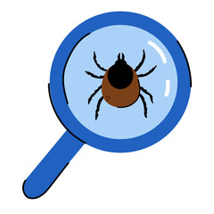 Cartoon style mite in a magnifying glass.