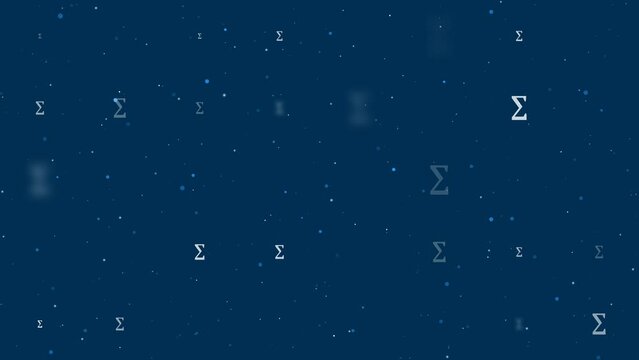 Template animation of evenly spaced sigma symbols of different sizes and opacity. Animation of transparency and size. Seamless looped 4k animation on dark blue background with stars