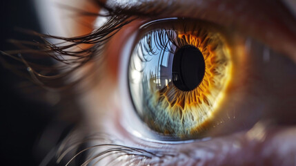 close-up, macro eye with eyelashes, side view, brown - obrazy, fototapety, plakaty