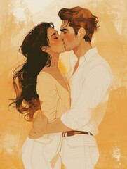 a couple in white jeans kiss, in the style of digital illustration, beige and amber color palette