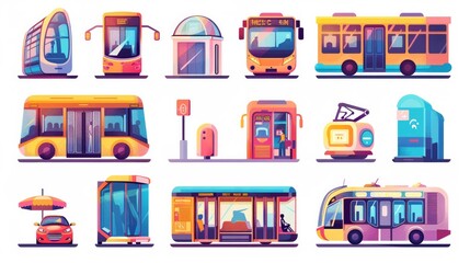 Set of urban passenger transportation icons,including city commute buses and subways, representing surface and underground transport as well as public transport metaphors. Isolated vector illustration