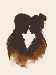 A silhouette of a man and a woman engaging in a kiss. The man is leaning in towards the woman, their lips touching, creating a romantic and intimate moment against the backdrop of a dark sky