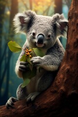 illustration of a cute koala eating on the branch of a tree in the forest