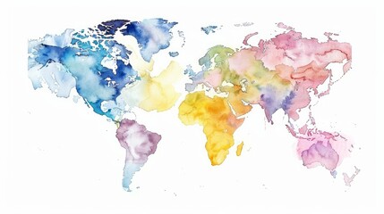 A watercolor-painted world map on a white background