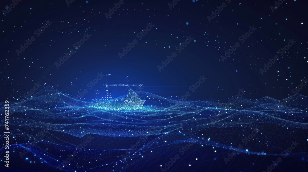 Wall mural worldwide cargo ship. polygonal wireframe mesh art looks like constellation on dark blue night sky w - Wall murals