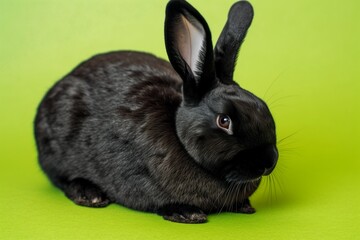 A sleek black bunny lounging gracefully, with one ear flopped over, against a vibrant green background.