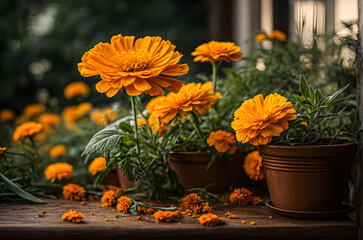 Fototapeta na wymiar Beautiful Yellow Pot marigold Flower against Green Leaves generative AI image. 