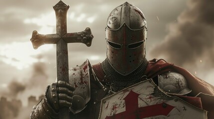 Portrait of Medieval crusader Warrior with armour and red cross. Cloud smoke on Background