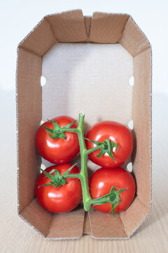 Four red tomatoes inside a vertical cardboard box