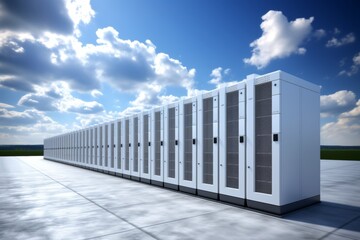 Rows of high-capacity data center servers set against a dramatic cloudy sky, symbolizing data storage and cloud computing.