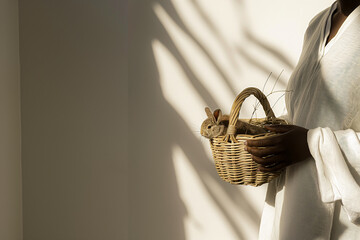 Dark-skinned young woman holding a basket with a small brown bunny