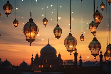 Lanterns hung around a mosque at sunset during Ramadan
