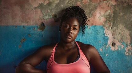 A determined and full-bodied young African American woman, dressed in athletic wear, stands against a weathered wall background with copy space.