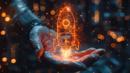An entrepreneur with a virtual screen of rocket icon and an upward arrow in an open palm symbolizes swift business movement. This concept represents strategic planning and business success. - obrazy, fototapety, plakaty