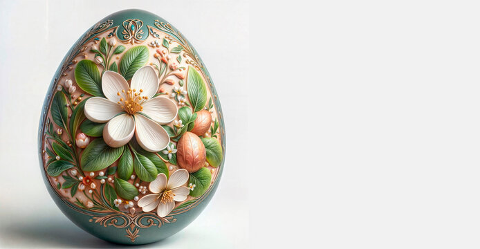 Painted easter egg with floral ornament on a white background.