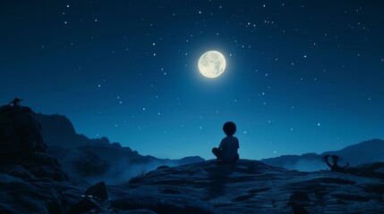 Fototapeta na wymiar A child in silhouette sits on a rock under a bright full moon in a serene, starry night landscape.