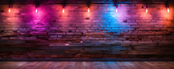 Rustic wooden backdrop complemented by modern neon lights and brick walls. Concept Rustic Decor, Neon Lights, Brick Wall, Wooden Backdrop