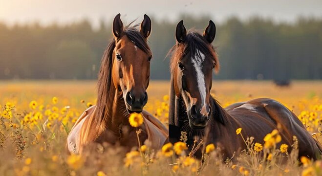 a pair of horses in a pasture footage