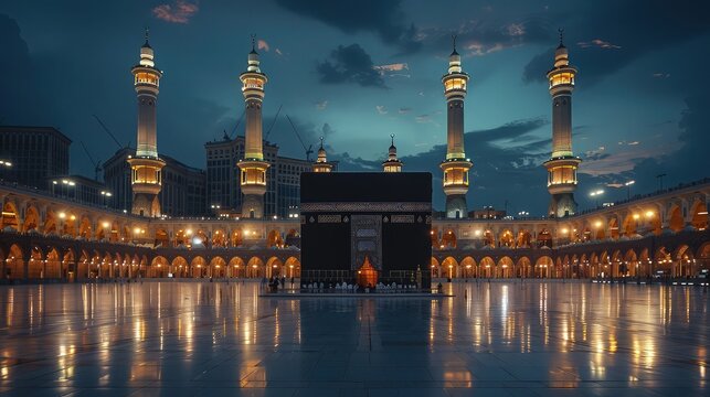 Night View of the Kaaba Shining Under the Soft Light of the Tower