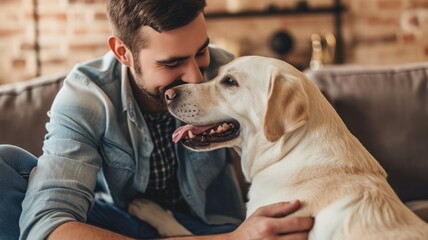 happy people at home with favorite pet , love and friendship of human and animal pragma