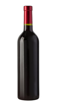 green wine bottle with red wine and red cap