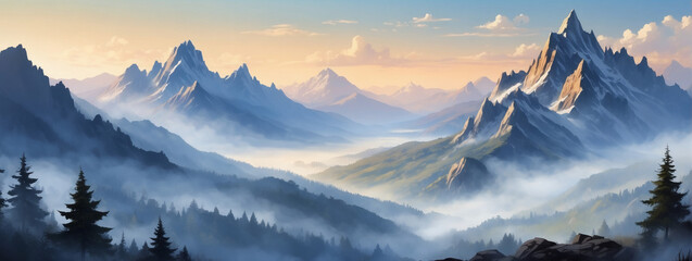 Dawn in the mountainous landscape—mist shrouding the peaks—presenting a captivating and serene nature illustration. - obrazy, fototapety, plakaty