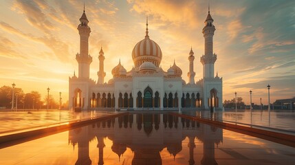 Fototapeta premium The graceful architecture of a mosque bathed in the golden light of sunset.